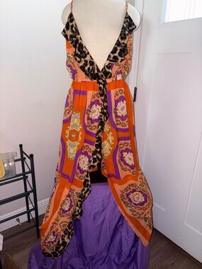 Boohoo Orange and Purple One-Shoulder Maxi Dress with Leopard Trim